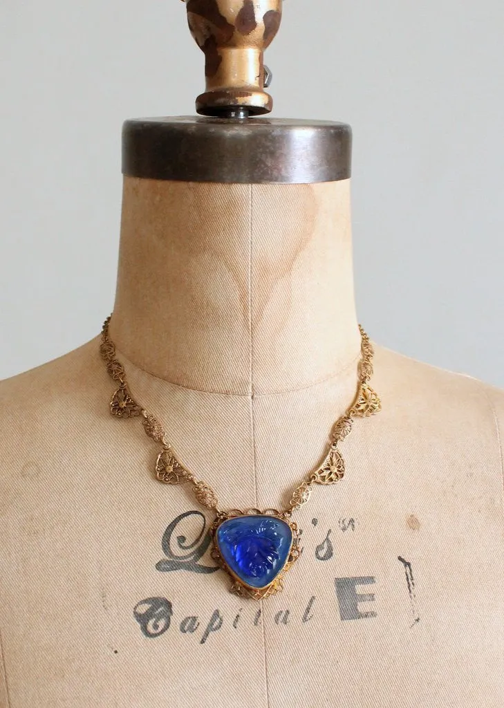 Vintage 1930s Brass and Blue Rose Glass Necklace