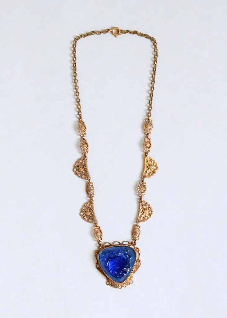 Vintage 1930s Brass and Blue Rose Glass Necklace