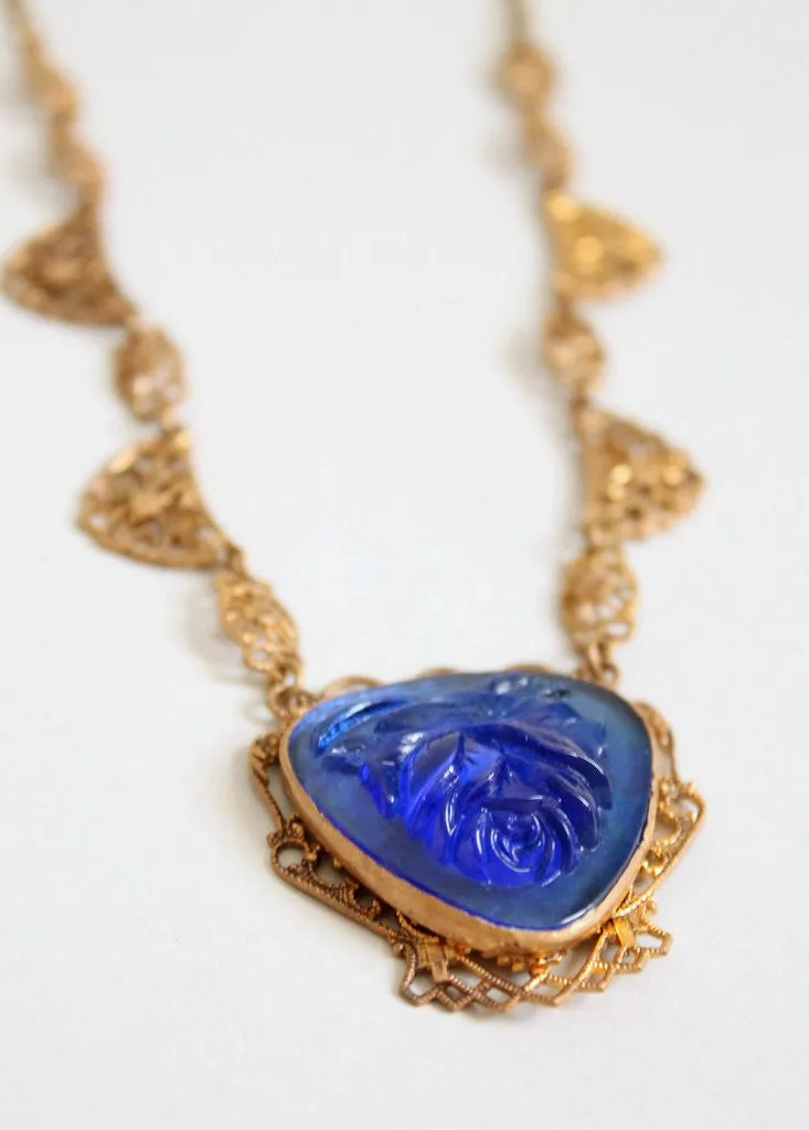 Vintage 1930s Brass and Blue Rose Glass Necklace