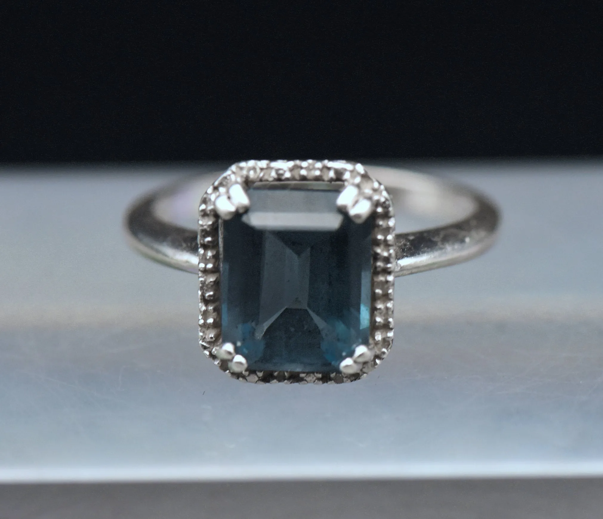 Vintage Blue Topaz and Diamonds Sterling Silver Ring - Size 8