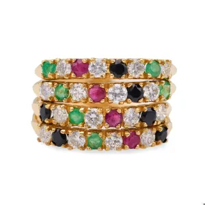 Vintage Diamond Emerald Onyx Ruby 18k Yellow Gold Ring