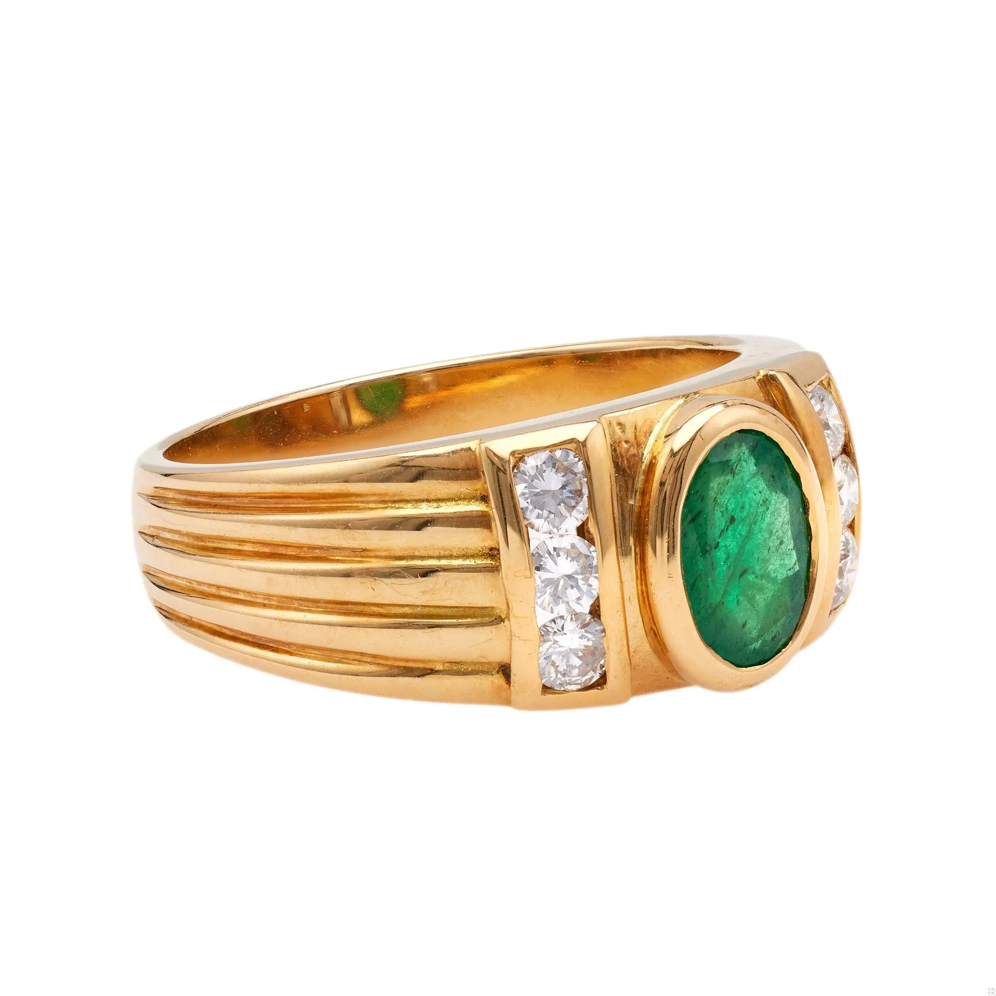 Vintage French Emerald and Diamond 18k Yellow Gold Ring