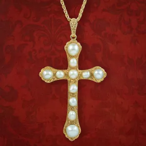 Vintage Natural Baroque Pearl Cross Pendant Necklace 18ct Gold