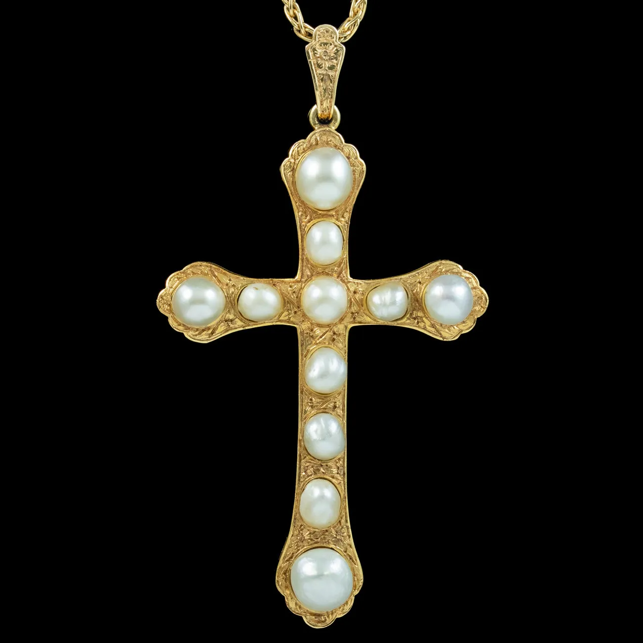 Vintage Natural Baroque Pearl Cross Pendant Necklace 18ct Gold