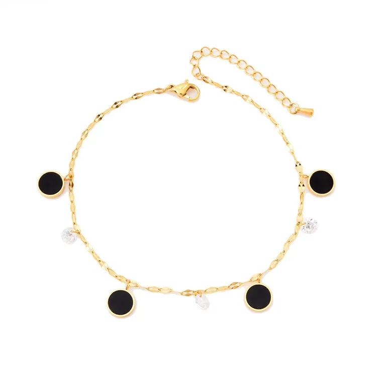 Water Wave Chain Zircon Anklet Small Black Round Pendant Gold Girl Anklet