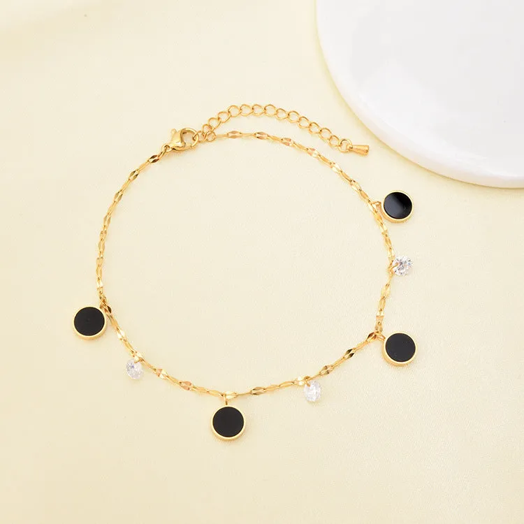 Water Wave Chain Zircon Anklet Small Black Round Pendant Gold Girl Anklet