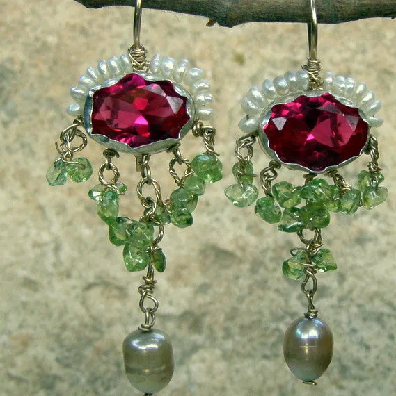 Waterfall Earrings with Pink Zircon and Pearl