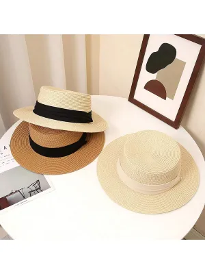 Women's Hat, Handmade Vintage Flat Top Hat, Korean Style, Great For Outdoor Beach Activities Under The Sun, Fashionable And Versatile, Making It A Perfect Sun Hat