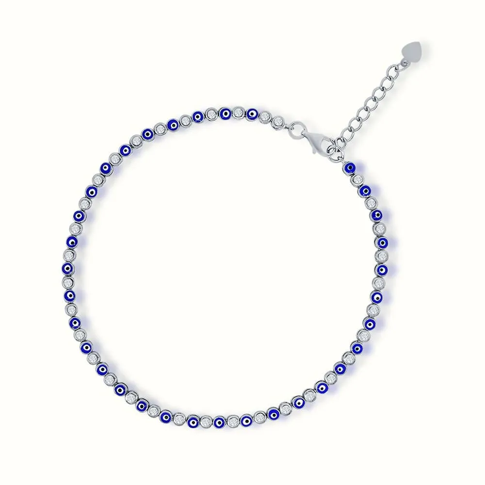 Women's Silver Diamond Blue Evil Eye Anklet