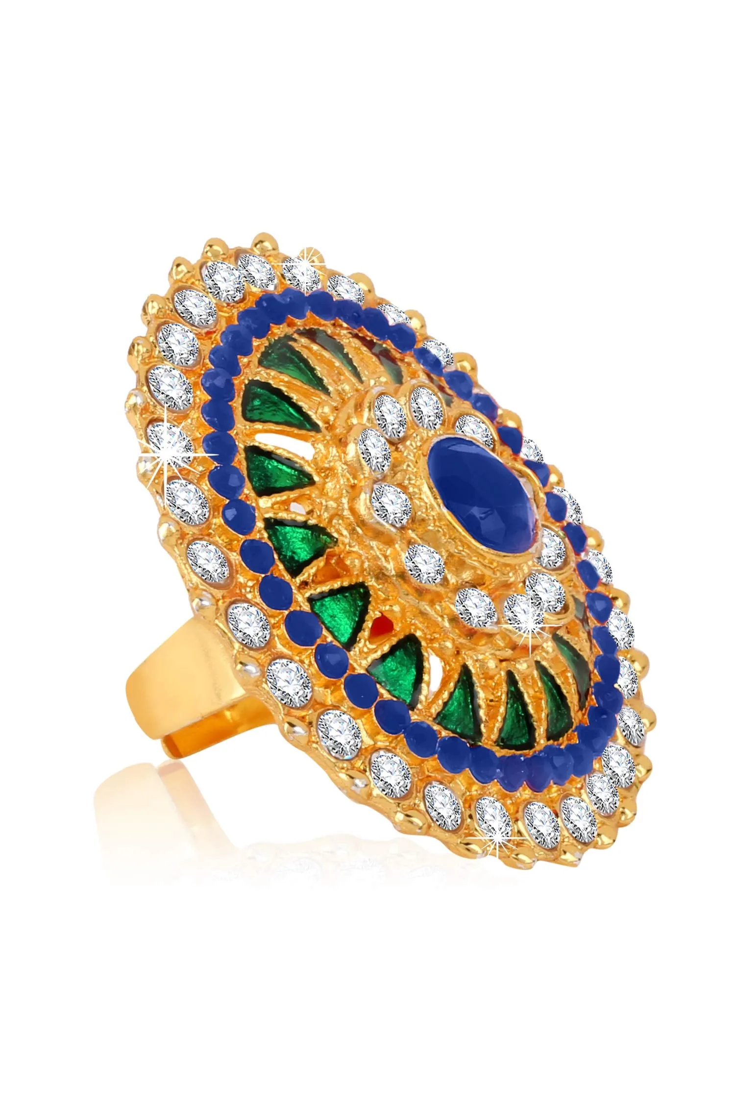 Yellow Chimes Traditional Ethnic Stones Studded Gold Plated Cocktail Wedding Rings for Women & Girls (Blue)